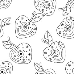 Seamless vector hand drawn childish pattern with fruits. Cute childlike cherry with leaves, seeds, drops. Doodle, sketch, cartoon style background. Line drawing Endless repeat swatch