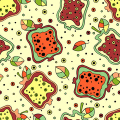 Seamless vector hand drawn childish pattern with fruits. Cute childlike pomegranate with leaves, seeds, drops. Doodle, sketch, cartoon style background. Line drawing Endless repeat swatch