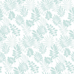 Tropical tender image on white background for bed linen. Seamless floral pattern with exotic leaves for wrapping paper, fabric, cloth. Vector illustration