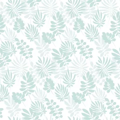 Poster Tropische tedere afbeelding op witte achtergrond voor beddengoed. Naadloos bloemenpatroon met exotische bladeren voor inpakpapier, stof, doek. vector illustratie © galyna_p
