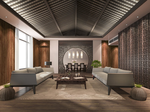 3d rendering japanese living lobby lounge and reception