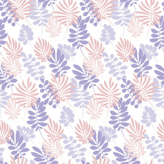 Tropical tender image on white background for bed linen. Seamless floral pattern with exotic leaves for wrapping paper, fabric, cloth. Vector illustration