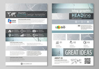 Blog graphic business templates. Page website design template, easy editable abstract vector layout. Chemistry pattern, connecting lines and dots, molecule structure, scientific medical DNA research.