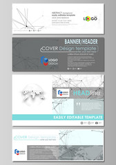 Social media and email headers set, modern banners. Abstract design templates, vector layouts. Chemistry pattern, connecting lines and dots, molecule structure on white, geometric graphic background.