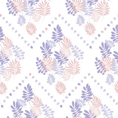 Tropical tender image on white background for bed linen. Seamless floral pattern with exotic leaves for wrapping paper, fabric, cloth. Vector illustration