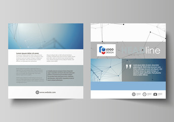 Business templates for square design brochure, flyer, booklet, report. Leaflet cover, vector layout. Geometric blue color background, molecule structure, science concept. Connected lines and dots.