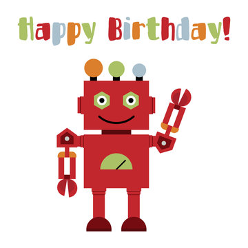 Vector illustration of a toy Robot and text Happy Birthday!