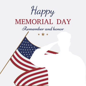 Happy memorial day. Greeting card with flag and soldier on background. National American holiday event.