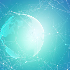 Abstract futuristic network shapes. High tech HUD background, connecting lines and dots, polygonal linear texture. World globe on blue. Global network connections, geometric design, dig data concept.