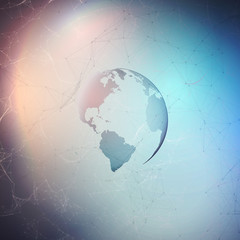 Abstract futuristic network shapes. High tech HUD background, connecting lines and dots, polygonal linear texture. World globe on blue. Global network connections, geometric design, dig data concept.