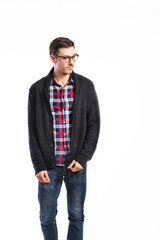Fototapeta premium Handsome man in checked shirt, studio shot, isolated