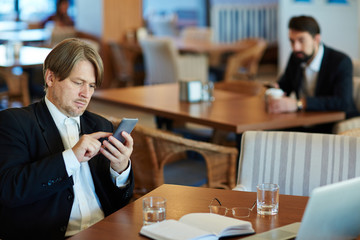 Fair-haired bearded businessman sitting in restaurant and texting with his wife while taking short break from work, waist-up portrait