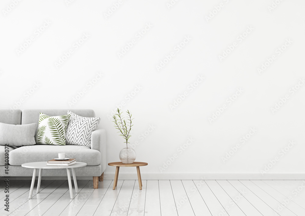 Aufkleber livingroom interior wall mock up with gray fabric sofa and pillows on white background with free spa