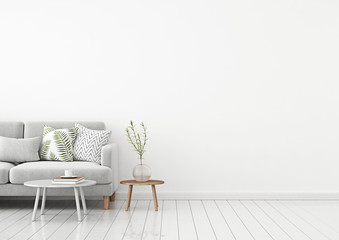 Livingroom interior wall mock up with gray fabric sofa and pillows on white background with free space on right. 3d rendering. - obrazy, fototapety, plakaty