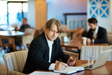 Bearded businessman in eyeglasses taking notes while working in comfortable restaurant, modern laptop, documents and notebook located on table