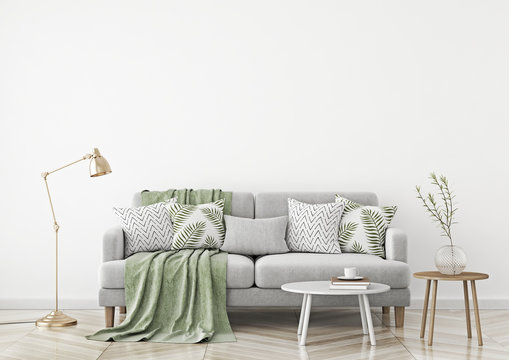 Scandinavian style livingroom with fabric sofa, pillows, plaid, lamp and green plant in vase on white wall background. 3d rendering.
