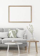 Interior poster mock up with wooden horizontal frame in scandinavian style livingroom. 3d rendering.
