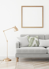 Interior poster mock up with square wooden frame on the wall in scandinavian style livingroom. 3d rendering.