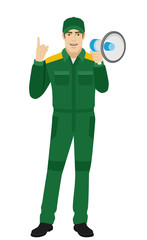 Worker holding loudspeaker and pointing up