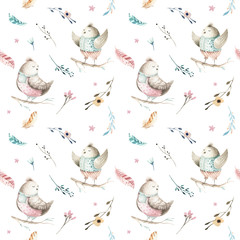 Naklejki  Cute baby bird animal seamless pattern, forest illustration for children clothing. Woodland watercolor Hand drawn boho chiken image for cases design, nursery poster