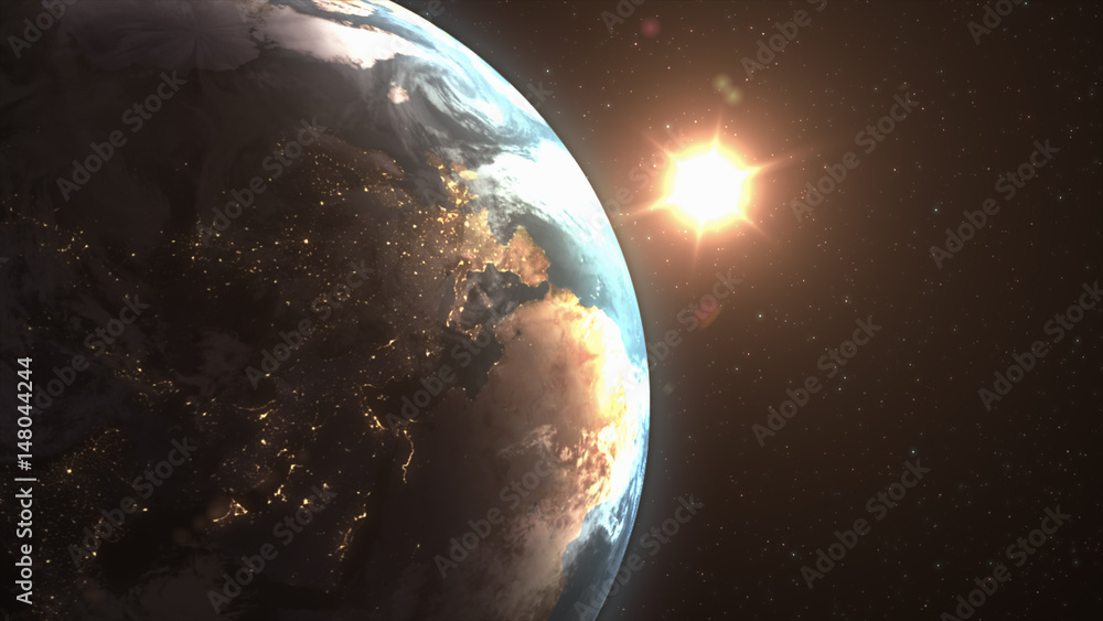 Poster close-up view of amazing earth planet in space. 3d rendering. elements of this image illustration