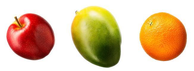 Summer fruit set against a white background apple, mango, orange
