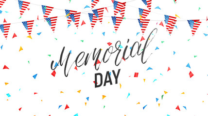 Obraz premium Memorial Day. Background with lettering, garland of USA flag and confetti
