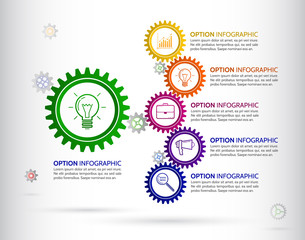 Infographic design template with gear chain. Colorful gear symbol with number, icons and Information text.