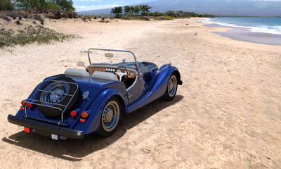 Fototapeta na wymiar A car on resort seashore in a sunny day. 3d render