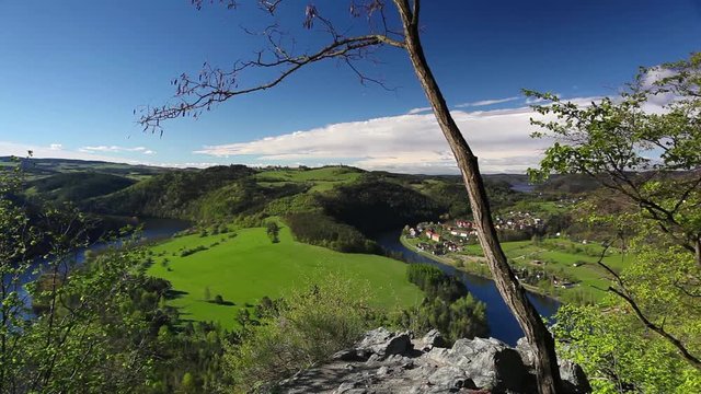 Famous meander on Vltava river, Slapy dam, Czech Republic. Time lapse.