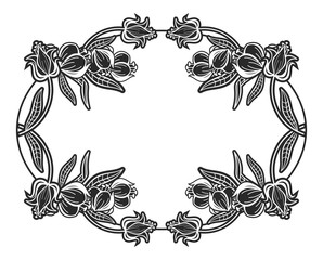 Black and white roval frame with floral silhouettes. Copy space. 