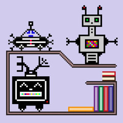 Little robots on a shelf with books