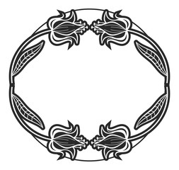 Black and white round frame with floral silhouettes. Copy space. 