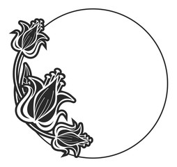 Black and white round frame with floral silhouettes. Copy space. 