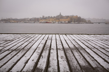 Boat dock with snow