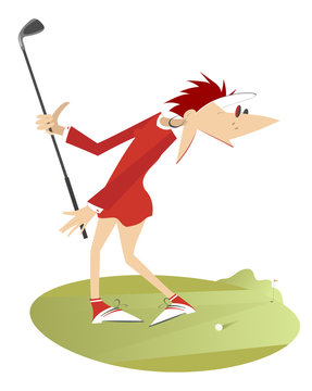 Cartoon young woman playing golf and trying to make a good kick