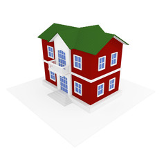 3d illustration, 3d render, Two-story house, red walls, white relief decor, green roof. On a white background, can be used to illustrate real estate advertising.