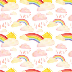 Watercolor seamless pattern with rainbow, clouds, raindrops isolated on white. Children cute repeating background