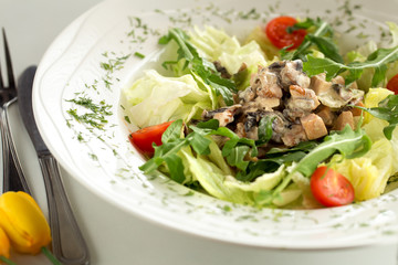 Tasty salad with chicken and arugula