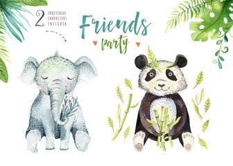 Baby animals nursery isolated illustration for children. Watercolor boho tropical drawing, child cute tropic elephant and panda. Baby shower