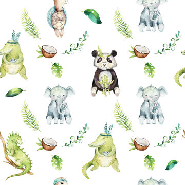 Baby animals nursery isolated seamless pattern. Watercolor boho tropical drawing, child tropical drawing, panda, cute crocodile, tropic elephant, green iguana and turtle.