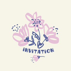Hand drawn shabby floral design element for card, header, invitation. Sketch style pale color flowers motif in laconic minimal style.