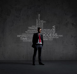 Businessman standing over wall with text. Business, success, improvement, concept.