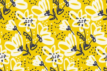 Kussenhoes Vector seamless pattern for surface design. Freehand illustration with flower in vivid yellow color. Shabby floral design element for card, header, invitation. © galyna_p