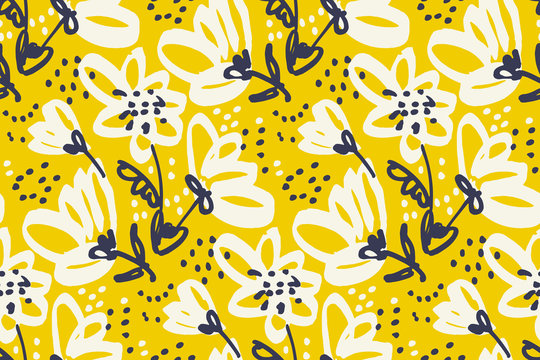 Vector seamless pattern for surface design. Freehand illustration with flower in vivid yellow color. Shabby floral design element for card, header, invitation.