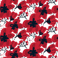 Blossom seamless pattern for surface design: wrapping paper, background, fabric. Abstract hand drawn red flower vector illustration.  Sketch decorative flowers .
