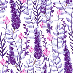 Modèle sans couture de fleurs violettes aquarelles et boutons roses
