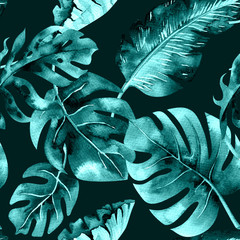 Motif harmonieux d& 39 aquarelle de feuilles tropicales, jungle dense. Ha