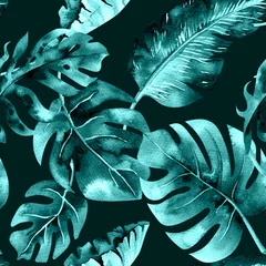 Fototapete Tropische Blätter Nahtloses Aquarellmuster aus tropischen Blättern, dichter Dschungel. Ha