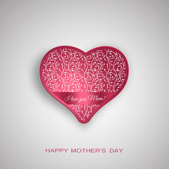 Happy Mother's Day vector poster on the gradient gray background with red text, heart shape cut from paper with stripe and floral pattern.